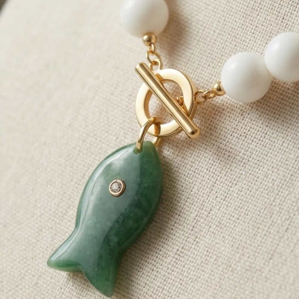 Natural Jade Fish Stone Necklace – White Beaded 18” with Gold Toggle Clasp