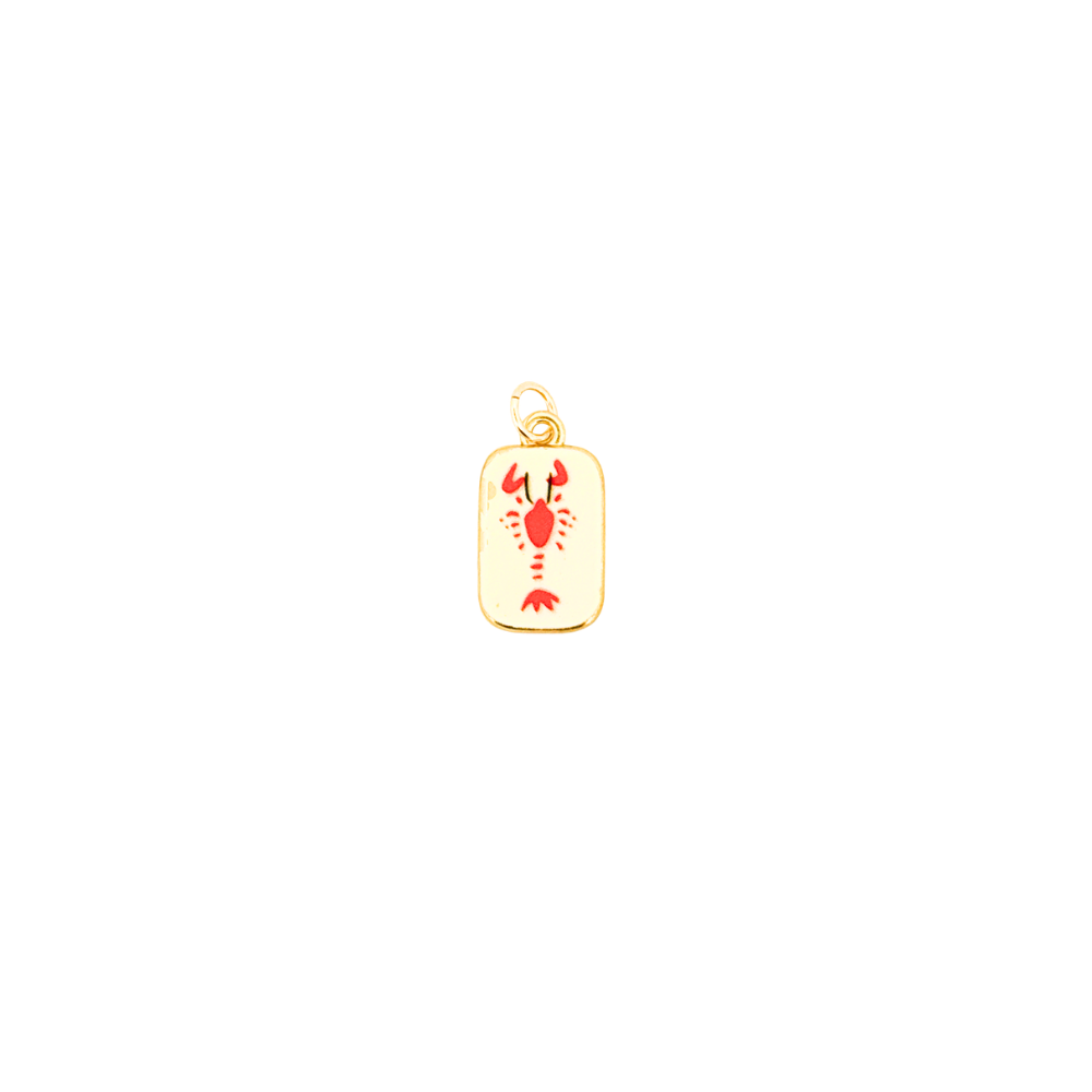Rectangle enamel charm with red lobster illustration.