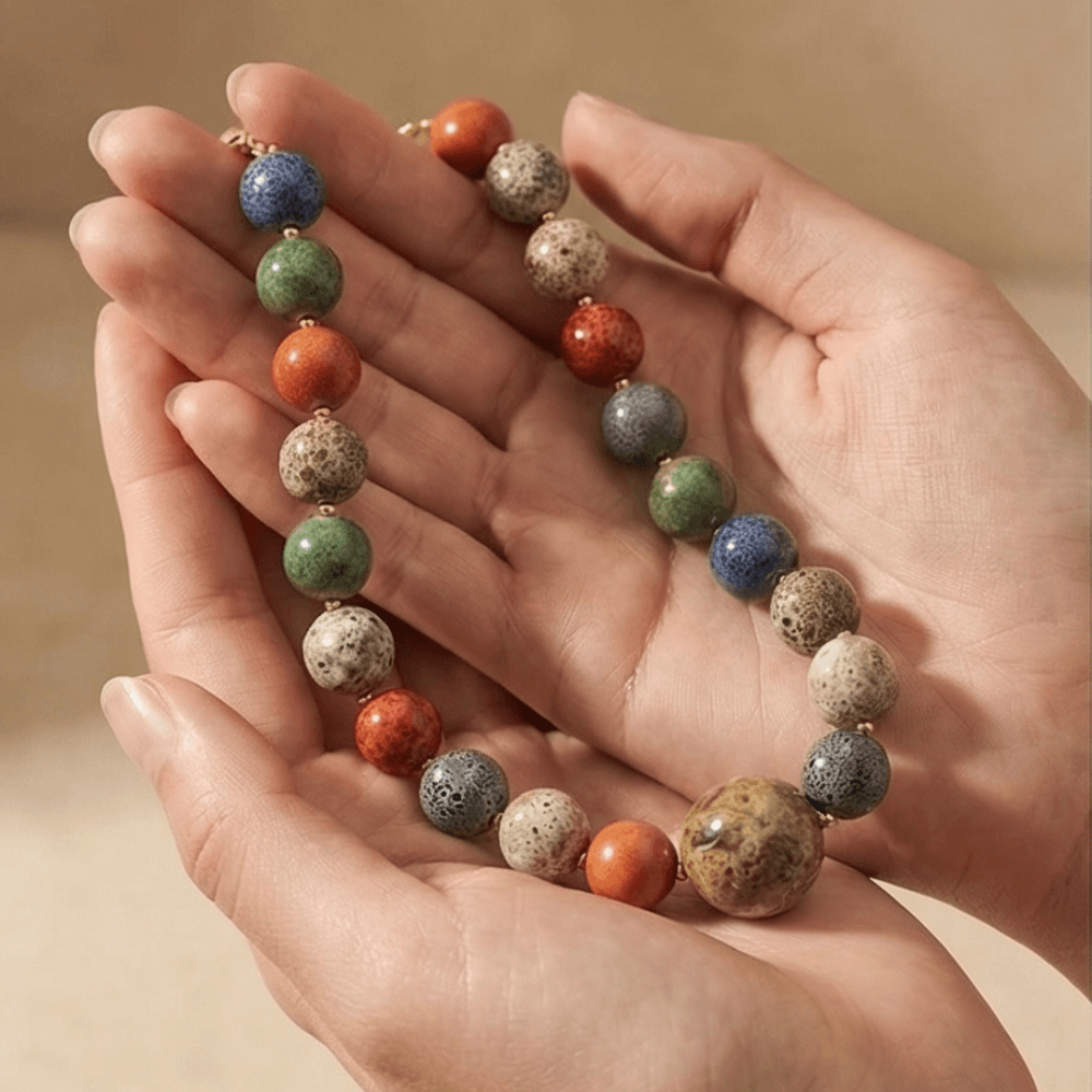 Mediterranean mosaic ceramic necklace handmade multicolor ceramic beaded princess necklace by Julie Saldivia