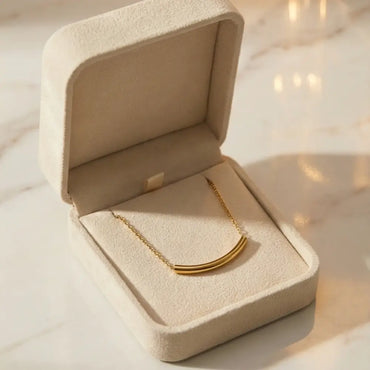 Minimal curved gold bar necklace in jewelry box elegant 18k gold plated necklace