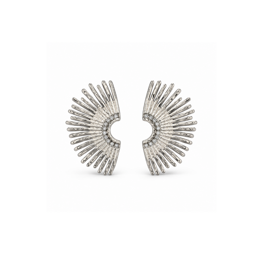 Pair of silver-tone sculptural statement earrings with radiating textured rays and clear accents along the curved center.