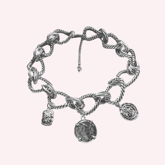 Silver Tone Chunky Chain Necklace With Vintage Coin Charms