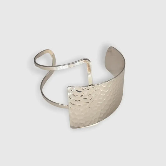 Silver Tone Stainless Steel Hammered Open Cuff Bracelet For Women