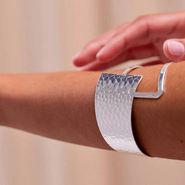 Silver Tone Stainless Steel Hammered Open Cuff Bracelet For Women
