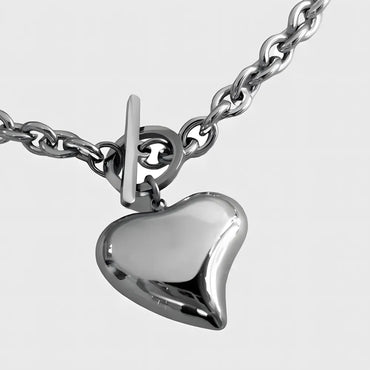 Stainless Steel Heart Charm Toggle Necklace For Women