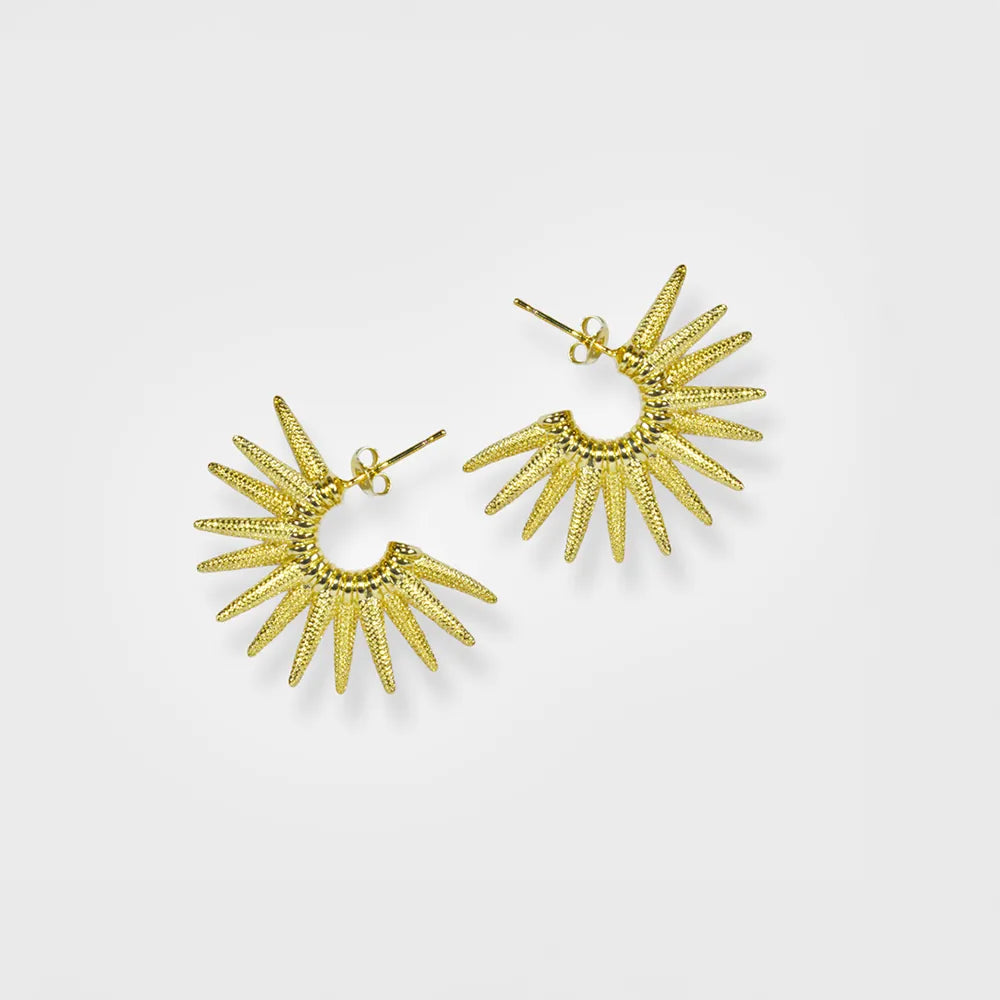 Statement Gold Sunburst Hoop Earrings -Textured Spike Design