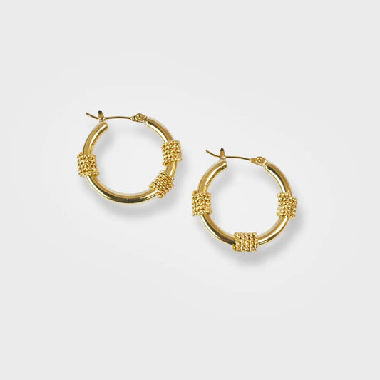 Textured 18K Gold Plated Hoop Earrings - Braided Accent Detailing - Available at Julie Saldivia Jewelry