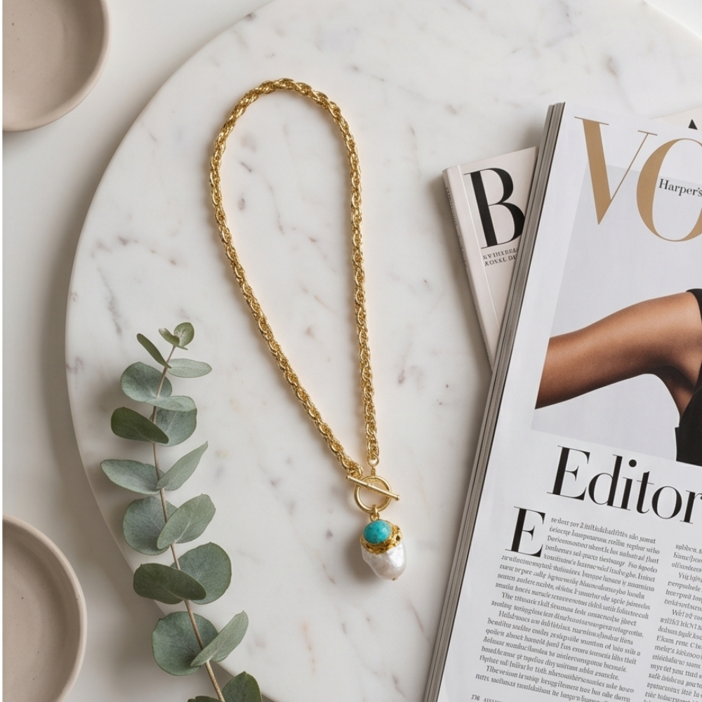 Gold necklace with a pearl and turquoise pendant on a marble surface next to a magazine.