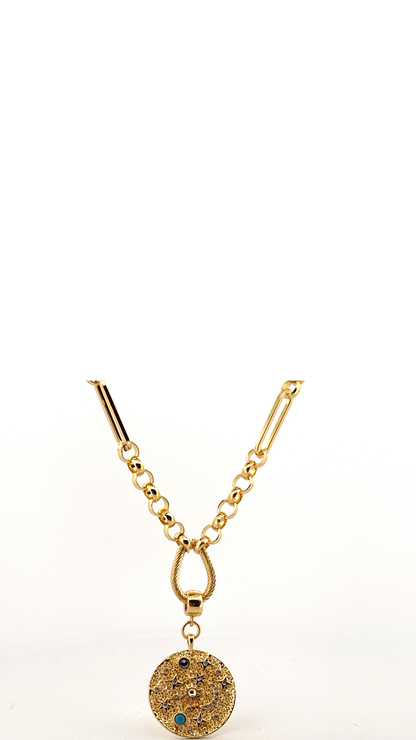 Blue Amethyst Beaded Necklace with Gold Celestial Medallion