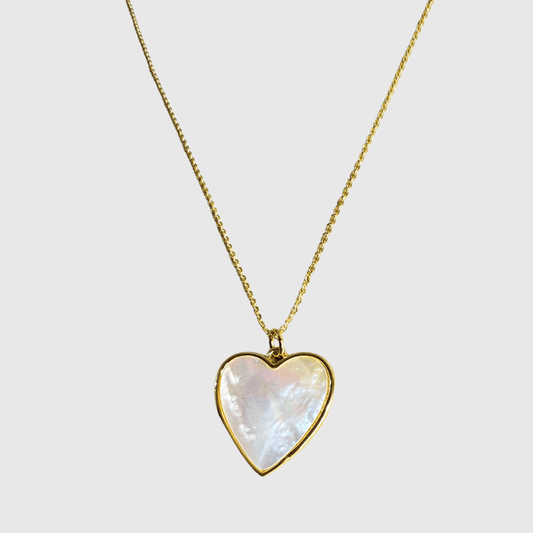 18K gold-plated necklace with mother-of-pearl heart pendant on a delicate chain.