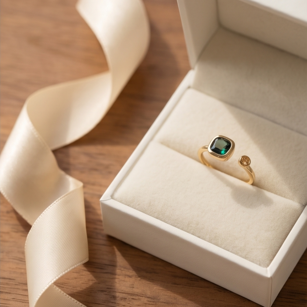 18k gold plated adjustable birthstone ring with green stone displayed inside a white jewelry box