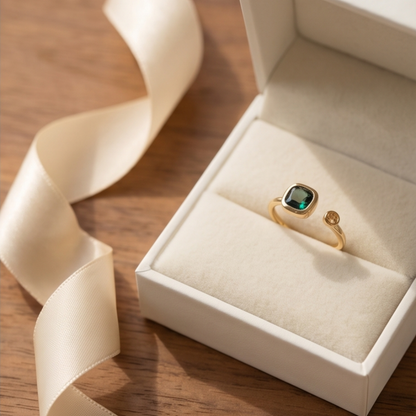 18k gold plated adjustable birthstone ring with green stone displayed inside a white jewelry box