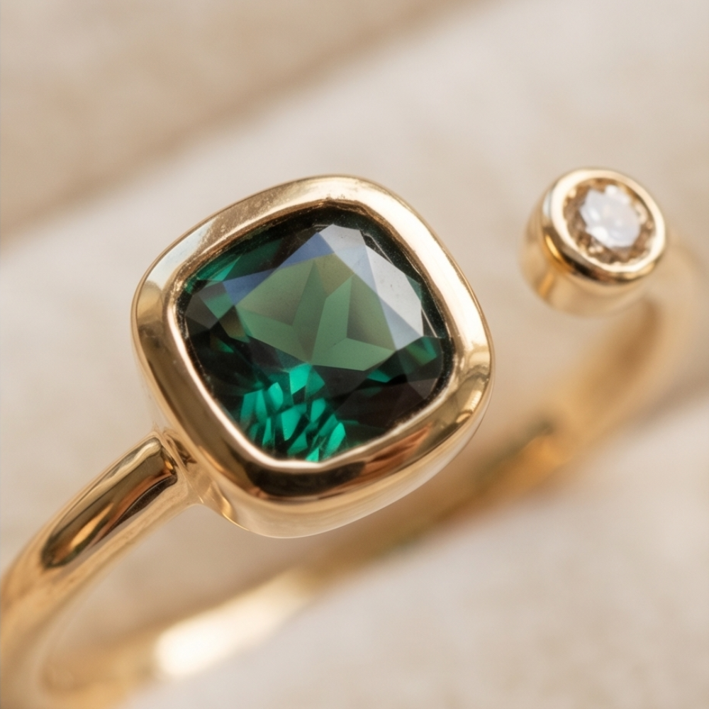Gold ring with a green gemstone on a beige background