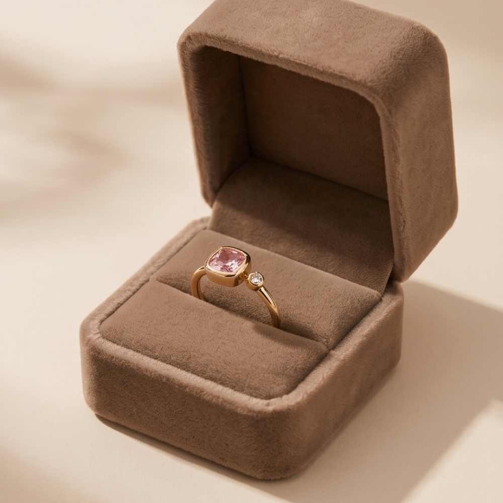 Gold ring with a pink gemstone in a brown jewelry box on a beige background