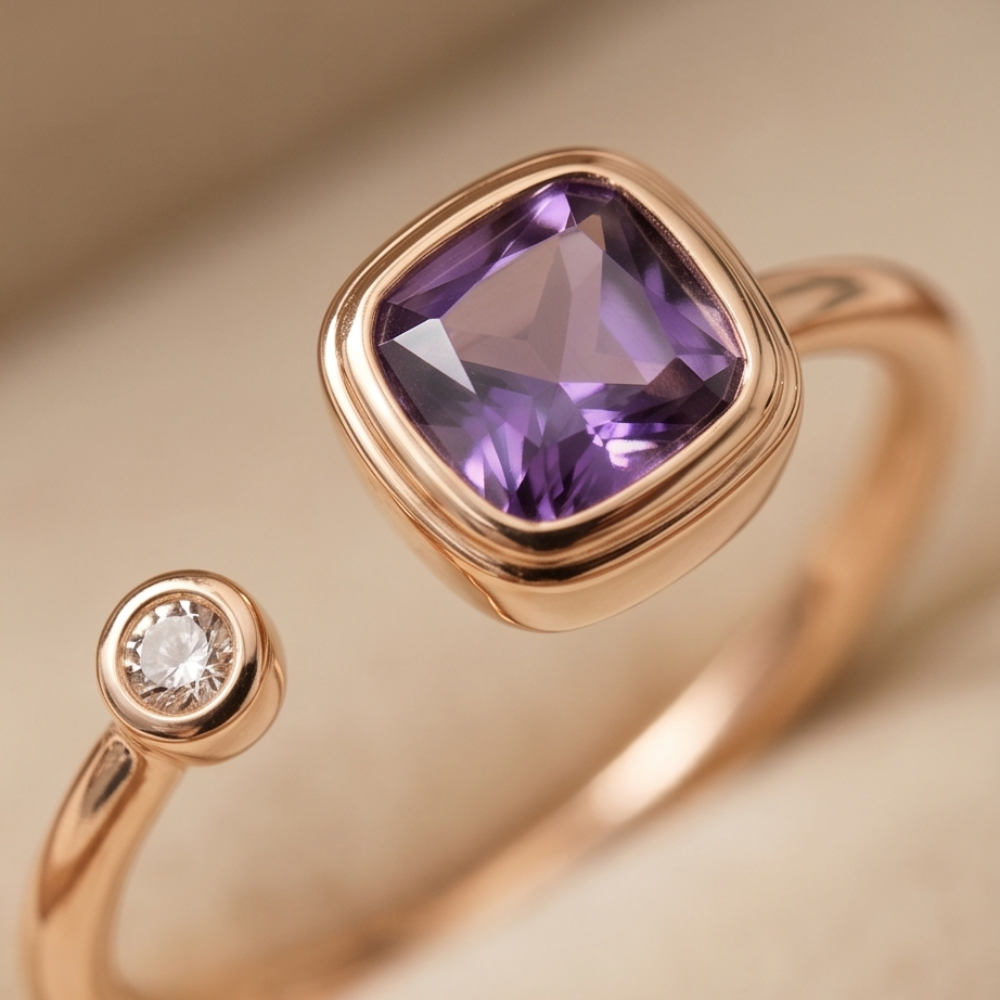 Rose gold ring with purple gemstone on a beige background