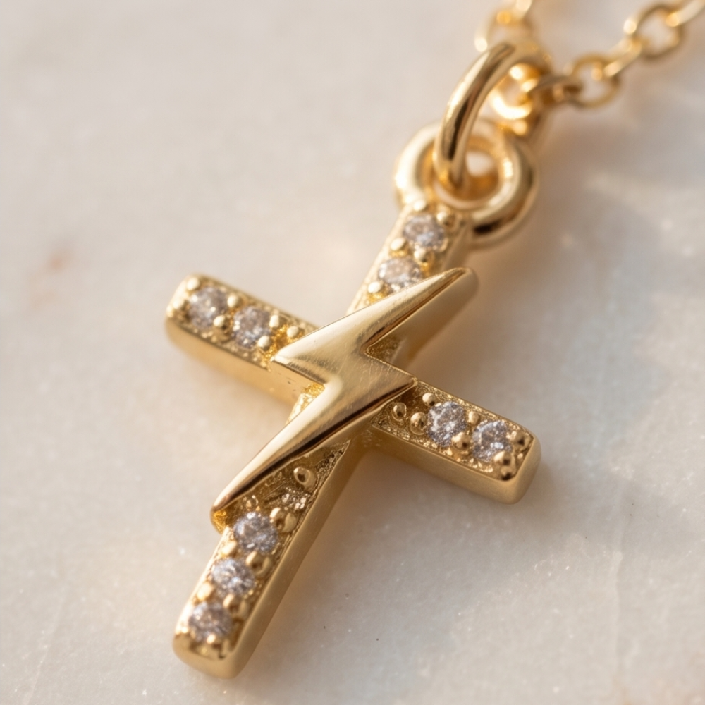 Gold cross pendant with embedded diamonds on a light background