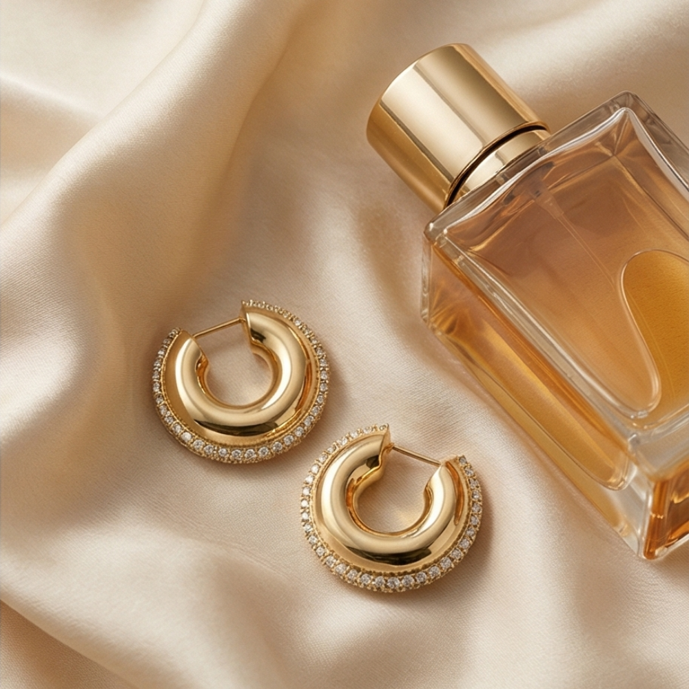 Gold hoop earrings and a perfume bottle on a satin surface