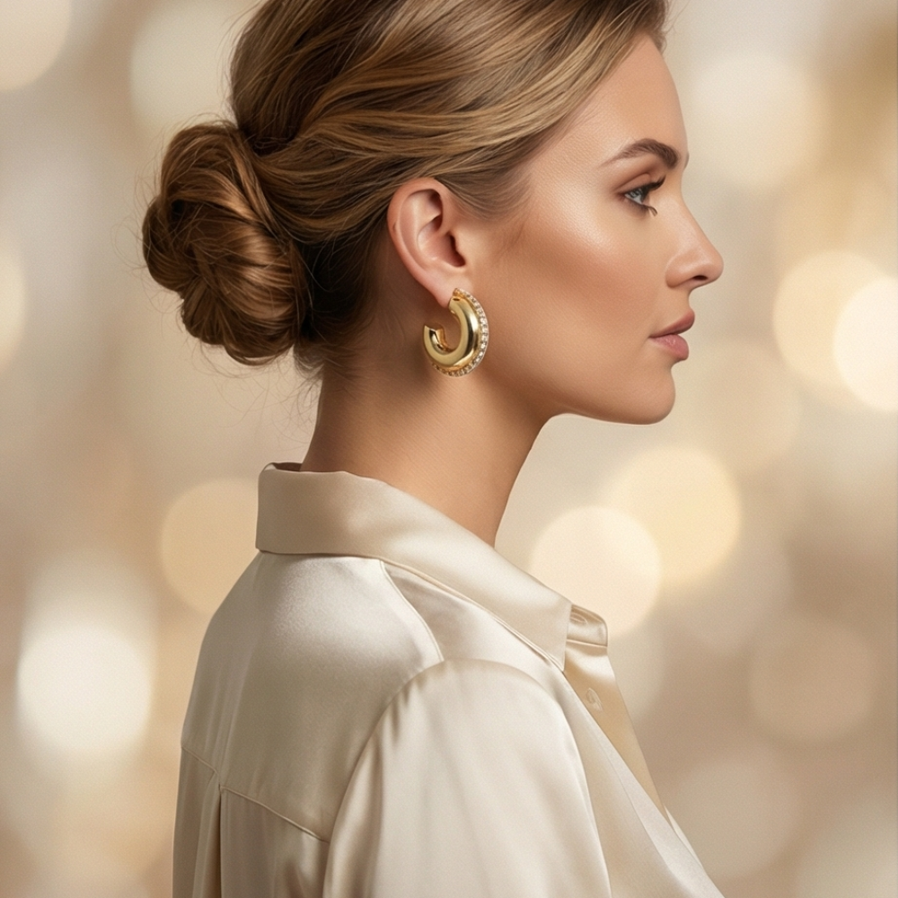 woman wearing 18k gold plated hoop earrings side profile luxury style