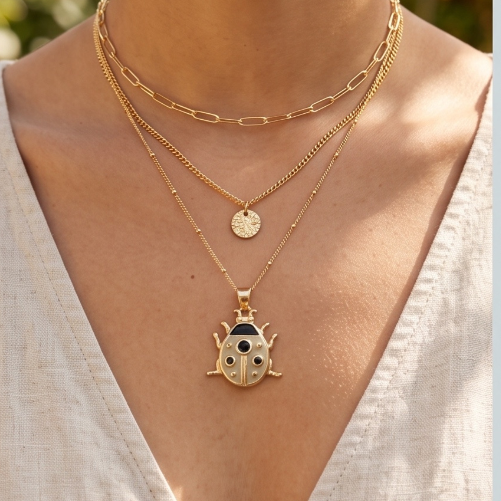 18K Gold Plated Ladybug Pendant Necklace with Enamel & Black CZ Stones