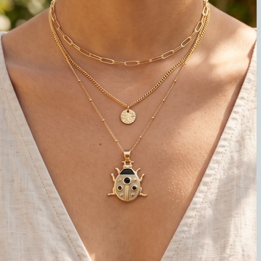 18K Gold Plated Ladybug Pendant Necklace with Enamel & Black CZ Stones