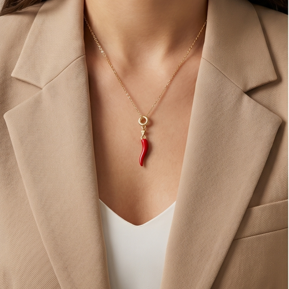 Necklace with a red pendant worn by a person in a beige blazer.