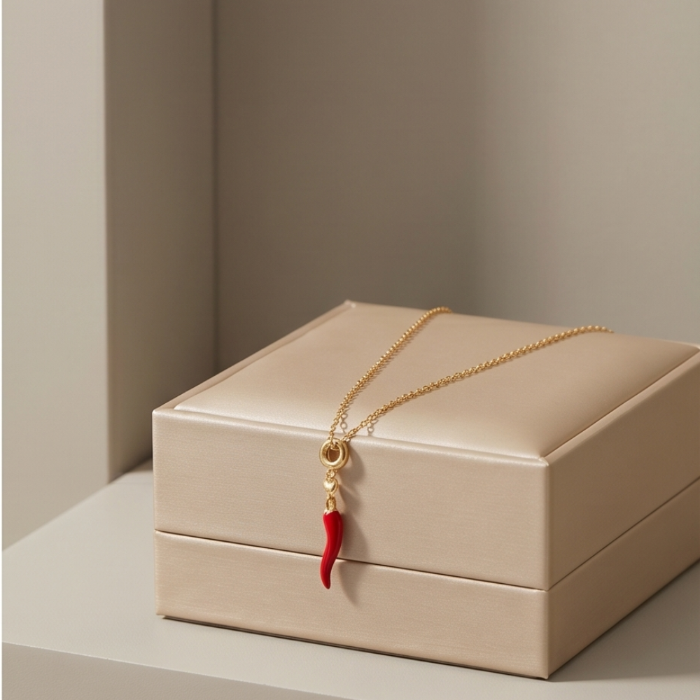 Necklace with a red chili pepper pendant on a beige jewelry box