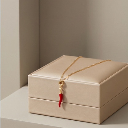 Necklace with a red chili pepper pendant on a beige jewelry box