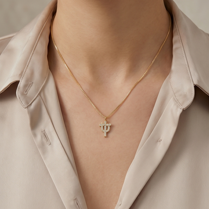 18K Gold Plated Small Crystal Cactus Charm Necklace