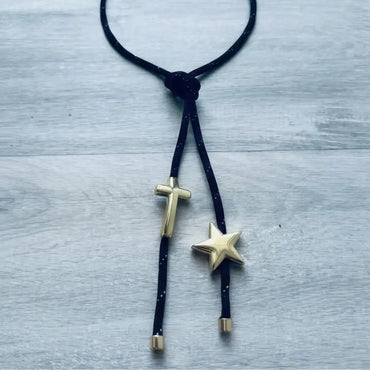 Black paracord necklace with gold cross and star charms minimalist trendy jewelry for women