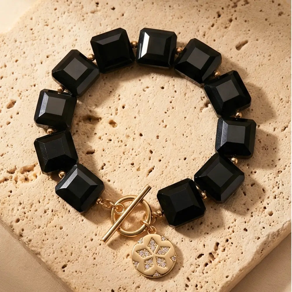 Navy Blue Statement Bracelet with Gold Charm – Bold Gemstone Bracelet for Women | Julie Saldivia