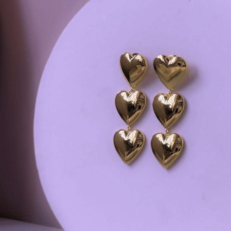 Big Gold Heart Earrings, heart earrings, heart earring, gold heart earrings, Triple Heart Earrings, gold earrings with heart, gold heart drop earrings, earrings,