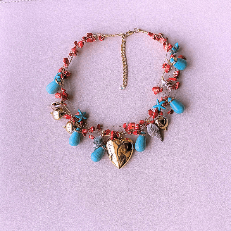  Handmade necklace Natural turquoise stone, 18k gold plated heart charms, Wire embroidered jewelry, Adjustable length necklace, Unique fashion accessories, Elegant handmade jewelry, Turquoise and gold necklace, Artisan crafted necklace lace