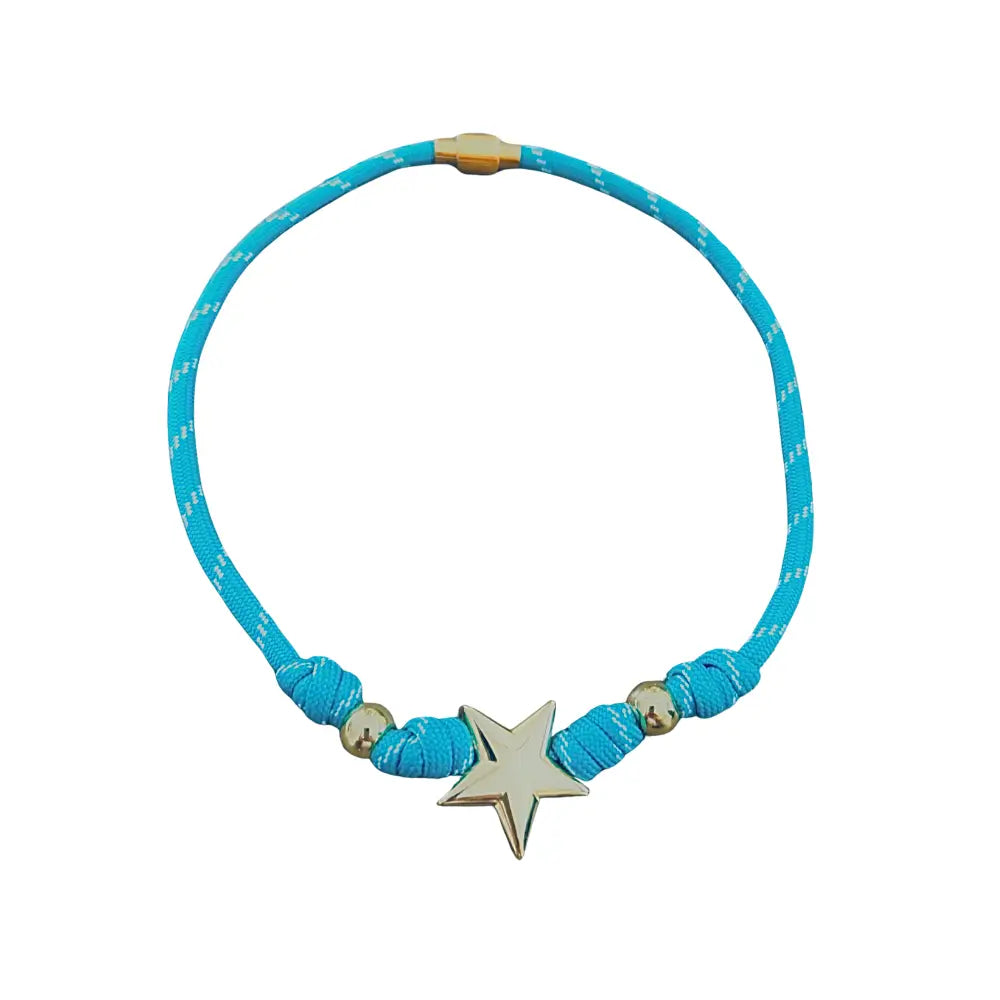 Turquoise paracord necklace with magnetic star charm in 18K gold plating, handmade water-resistant jewelry by Julie Saldivia
