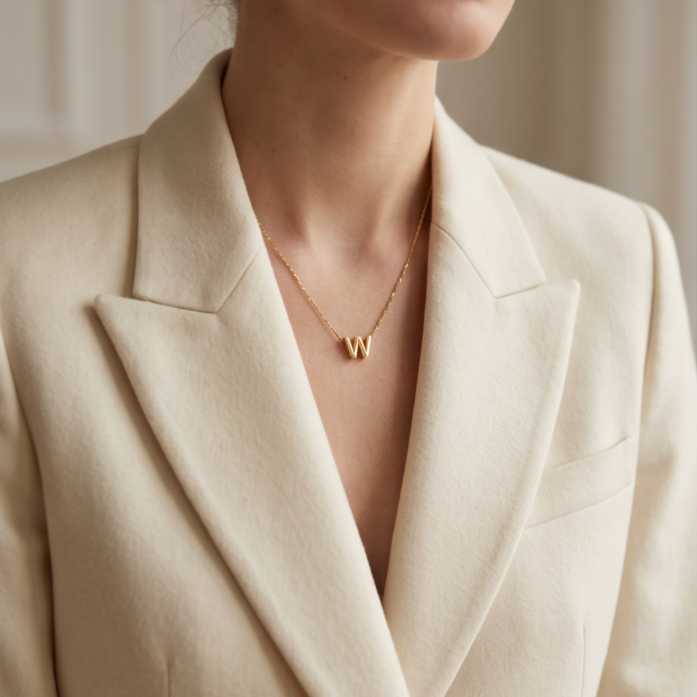 Model wearing 18K gold plated double initial necklace with cream blazer