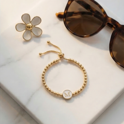 Adjustable Mother of Pearl Initial Bracelet – Personalized Gold Letter Bracelet