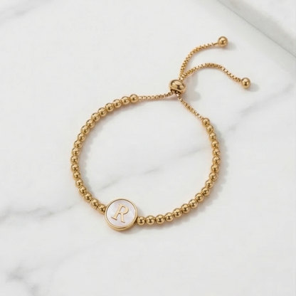 Adjustable Mother of Pearl Initial Bracelet – Personalized Gold Letter Bracelet
