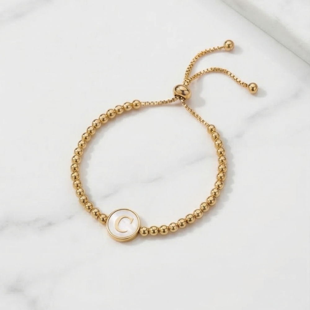 Adjustable Mother of Pearl Initial Bracelet – Personalized Gold Letter Bracelet
