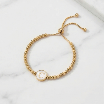 Adjustable Mother of Pearl Initial Bracelet – Personalized Gold Letter Bracelet