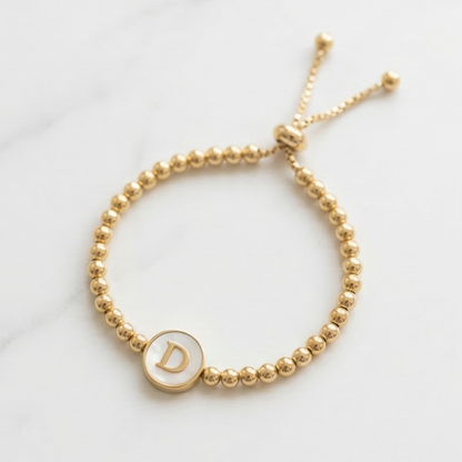 Adjustable Mother of Pearl Initial Bracelet – Personalized Gold Letter Bracelet
