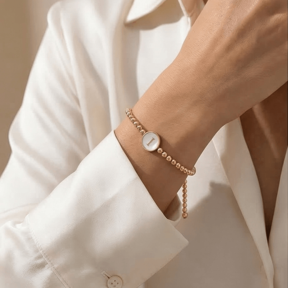 Adjustable 18K gold plated initial I bracelet with mother of pearl charm and delicate gold beaded chain
