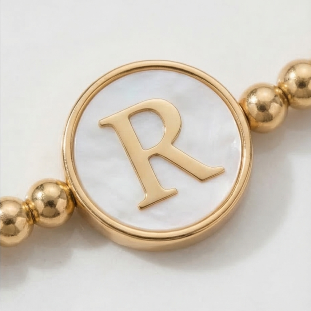 Adjustable Mother of Pearl Initial Bracelet – Personalized Gold Letter Bracelet