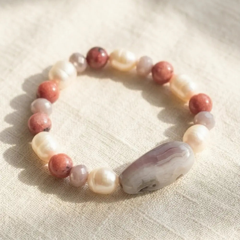 Mixed Gemstone & Pearl Bracelet – Agate, Rhodonite & Freshwater Pearl Stretch Bracelet | Julie Saldivia