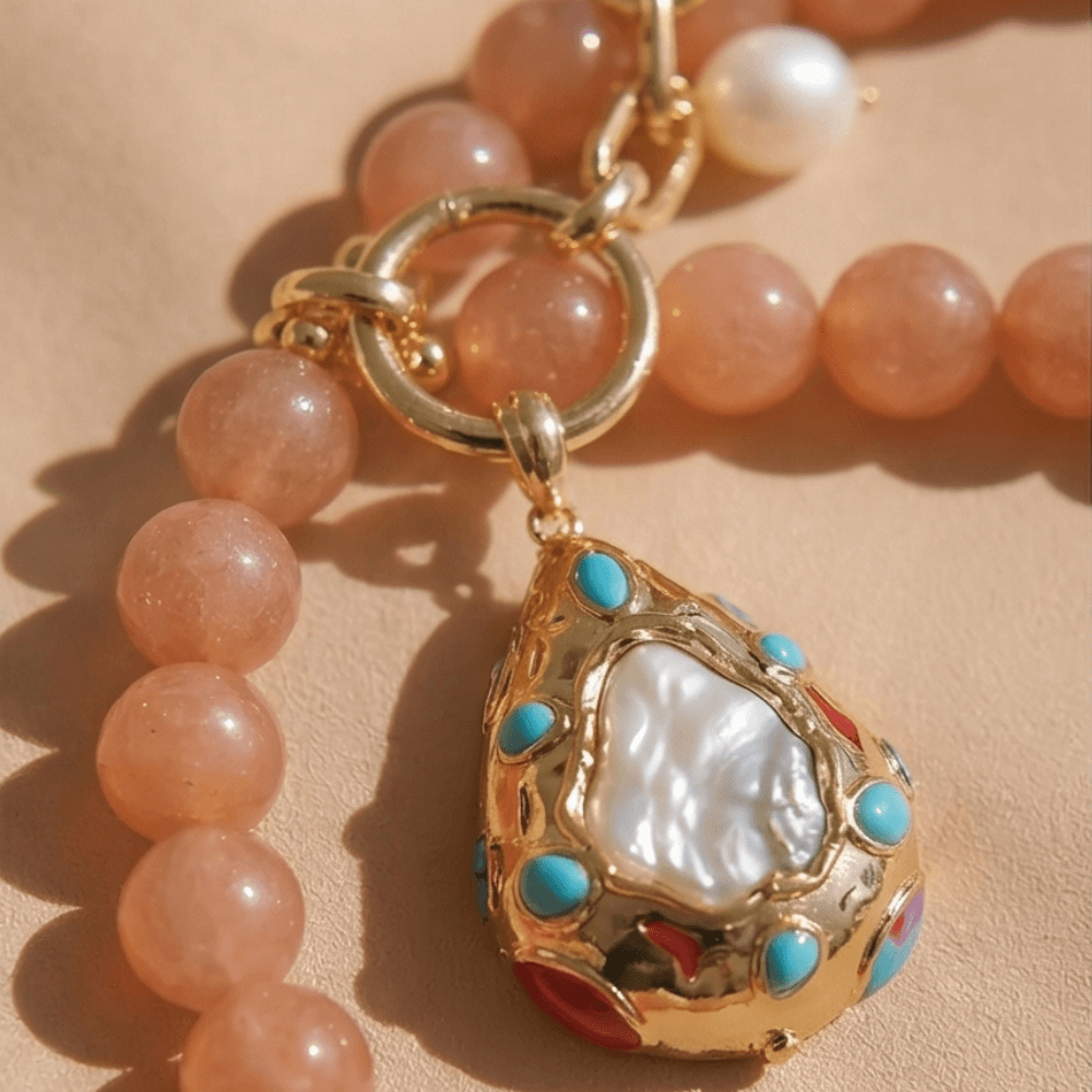 Natural dusty rose angelite statement pendant necklace with angelite stone beads and gold chain pendant