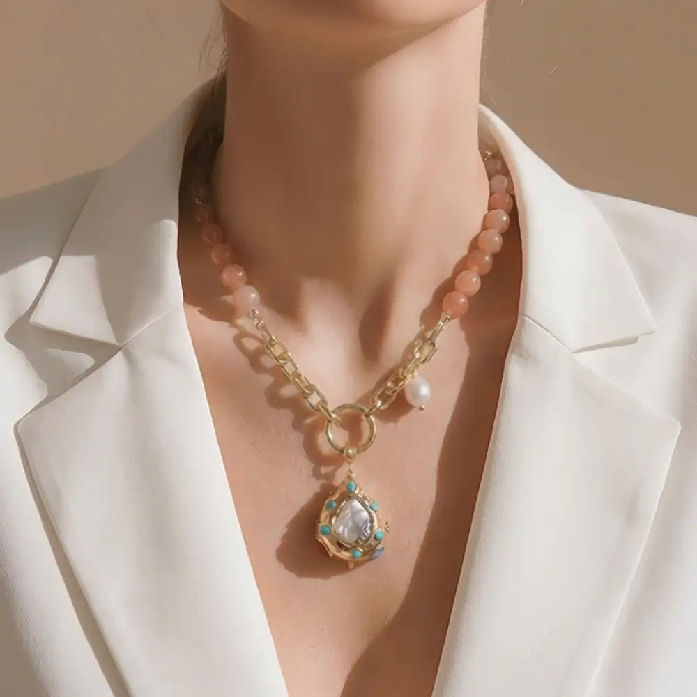 Natural dusty rose angelite statement pendant necklace with angelite stone beads and gold chain pendant