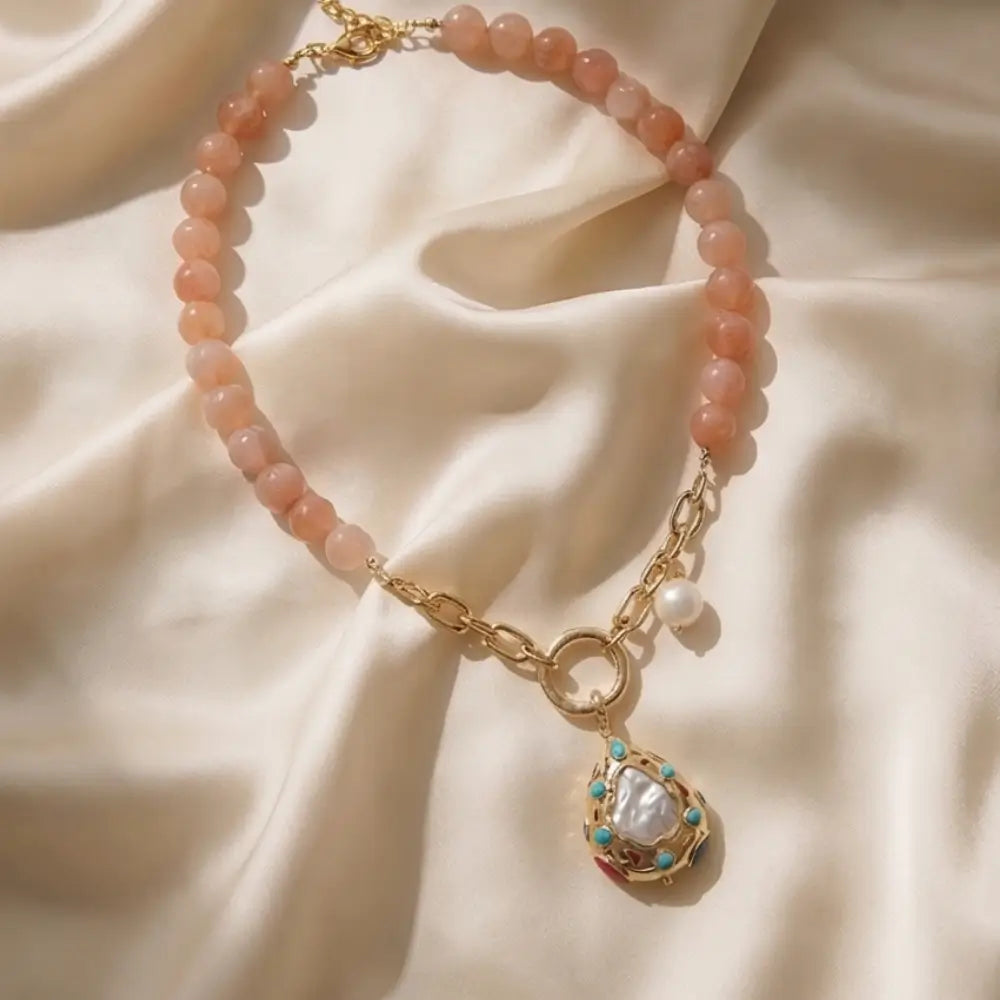 Natural dusty rose angelite statement pendant necklace with angelite stone beads and gold chain pendant