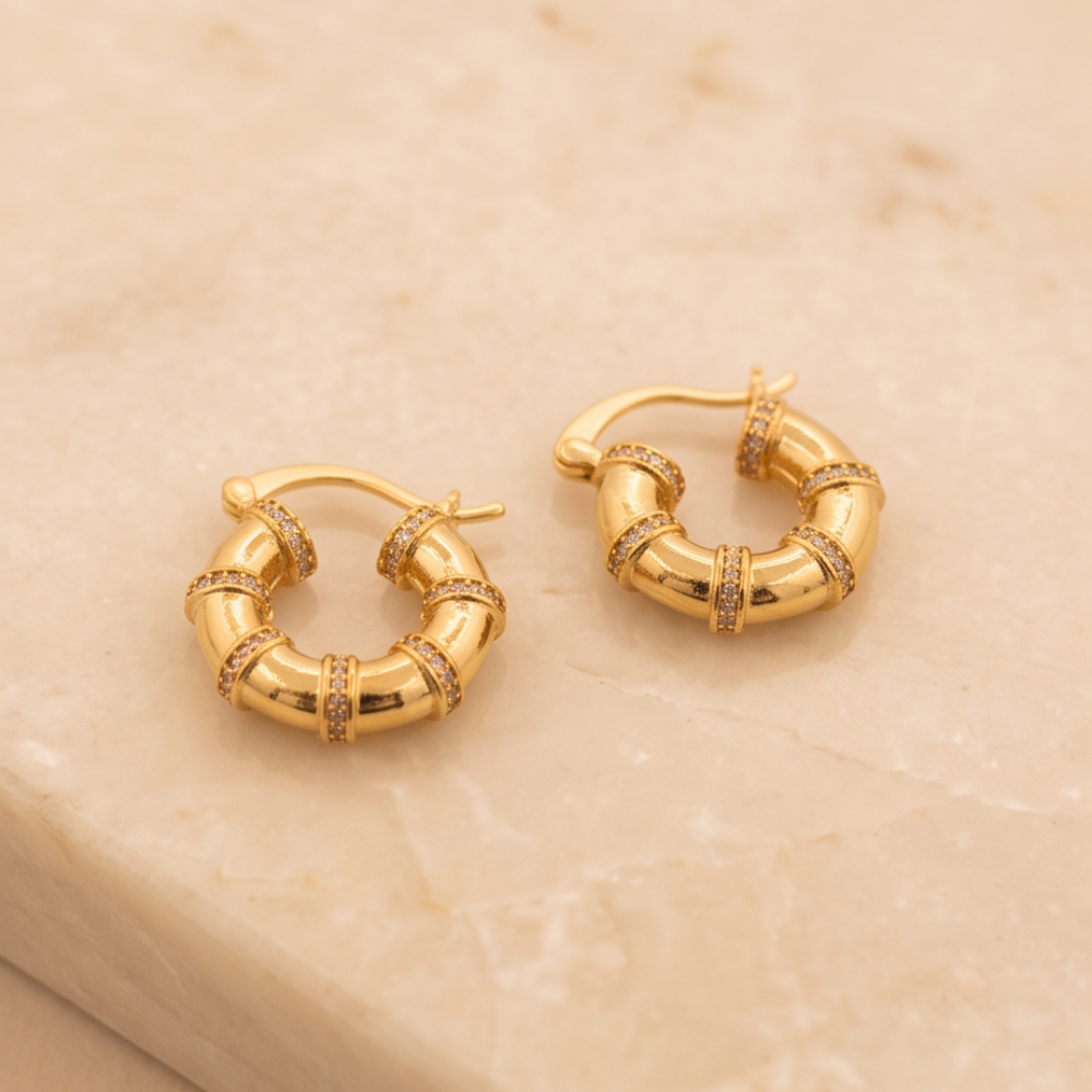 Gold pavé hoop earrings in stainless steel with chunky sculptural design