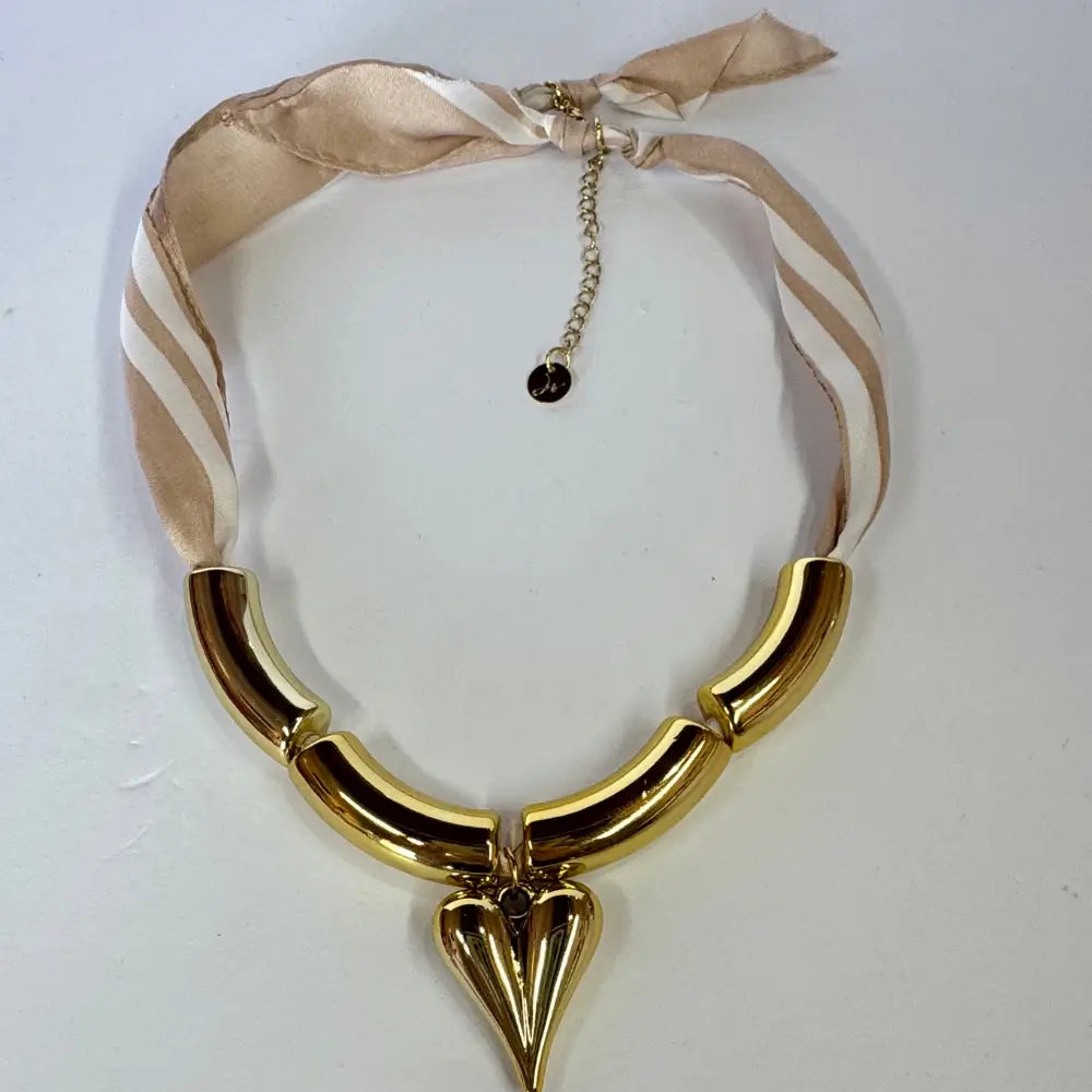 Gold Tube Choker Necklace with Heart Pendant