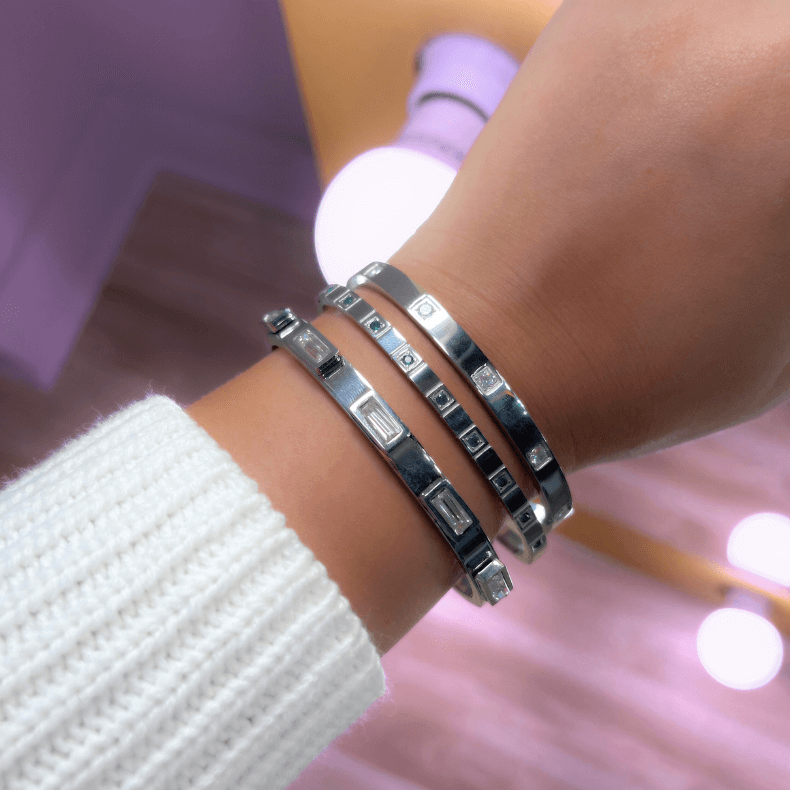 Elegant Silver Bangle with Black and Clear Stones