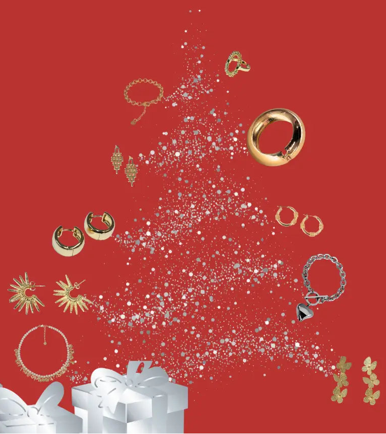 Jewelry with a red background and a woman wearing gold jewelry.