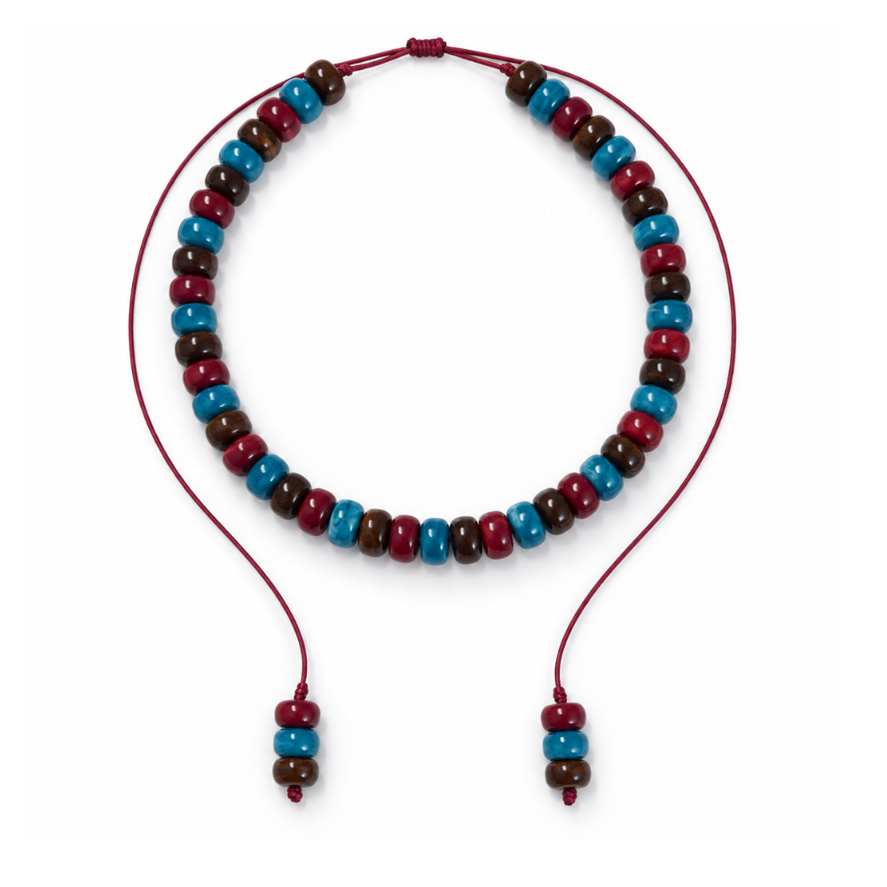 Bordeaux, teal and chocolate-brown beaded necklace with a sliding bordeaux cord and three beads on each end.